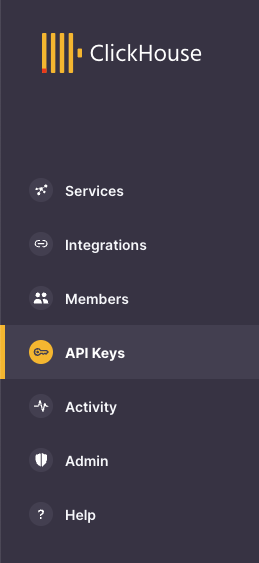 ClickHouse Cloud API Keys Tab